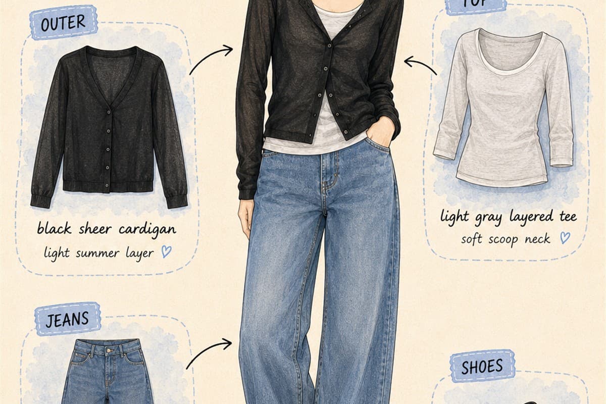 Black Cardigan and Wide Jeans Korean Outfit