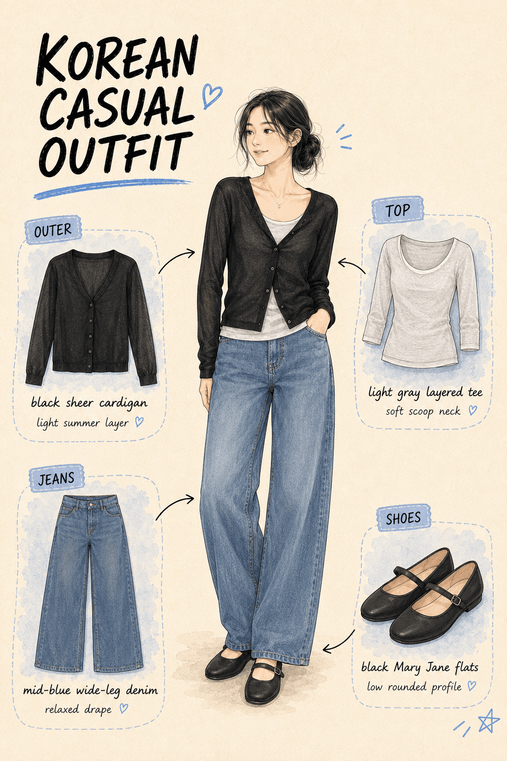 Korean casual outfit board with a black sheer cardigan, light gray layered tee, mid-blue wide-leg jeans, and black Mary Jane flats