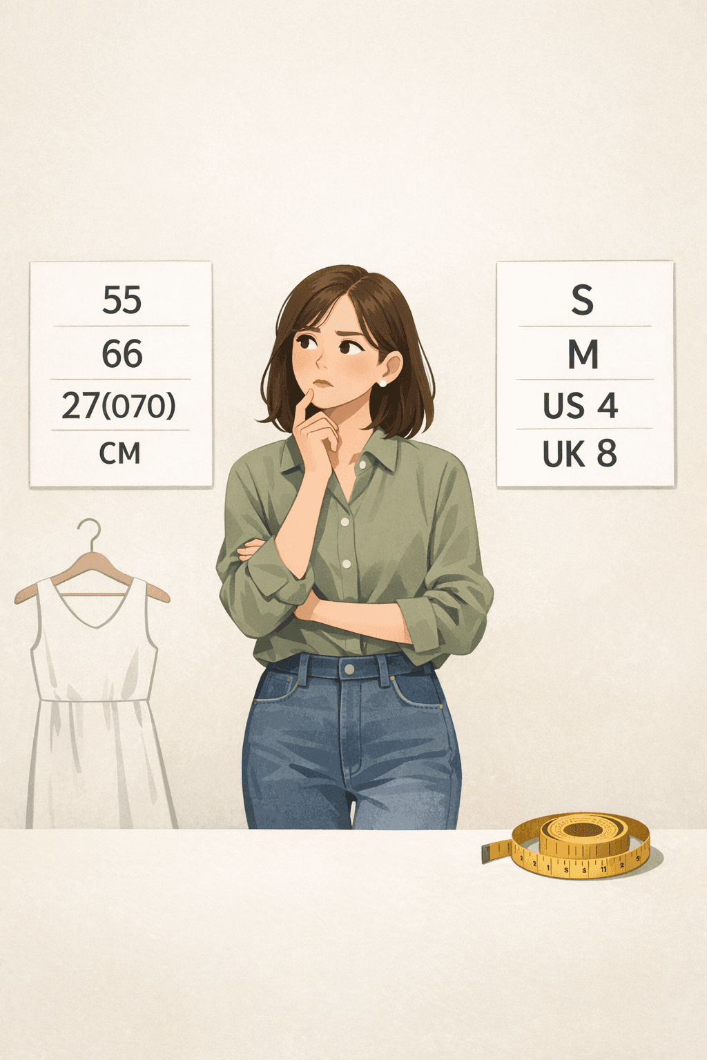 A shopper pausing between a Korean size board and a Western size board, with a measuring tape nearby.