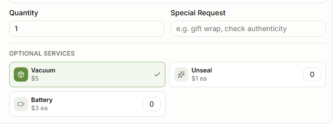 KoreaBox option, quantity, and optional services fields