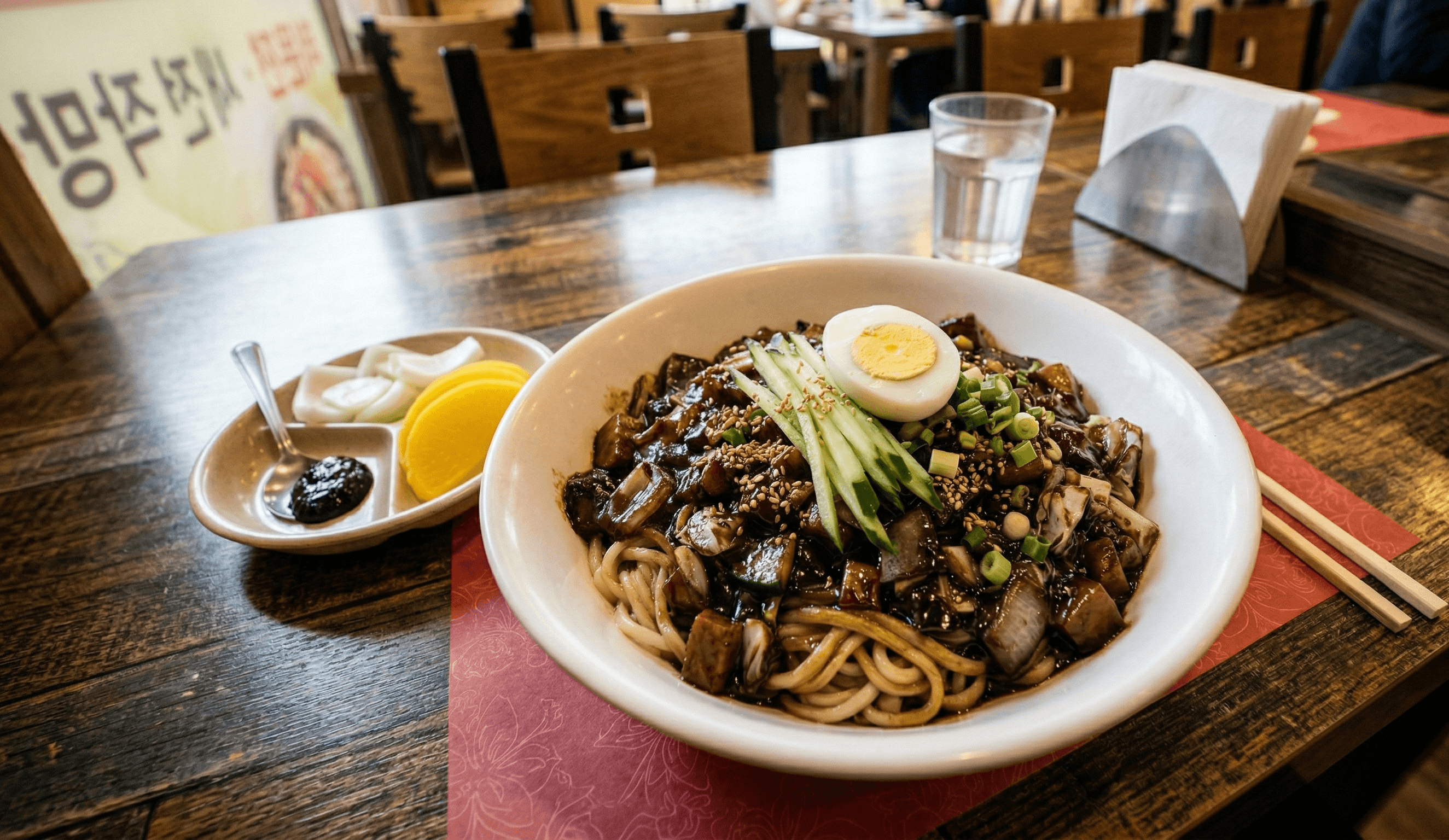 A warm scene of jajangmyeon being eaten with chopsticks.