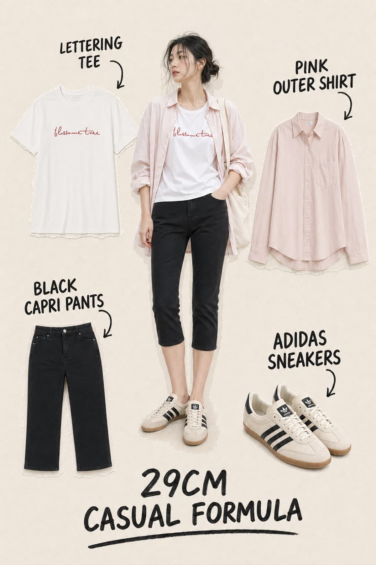 29CM casual outfit formula collage with a lettering tee, pink outer shirt, black capri pants, and Adidas sneakers