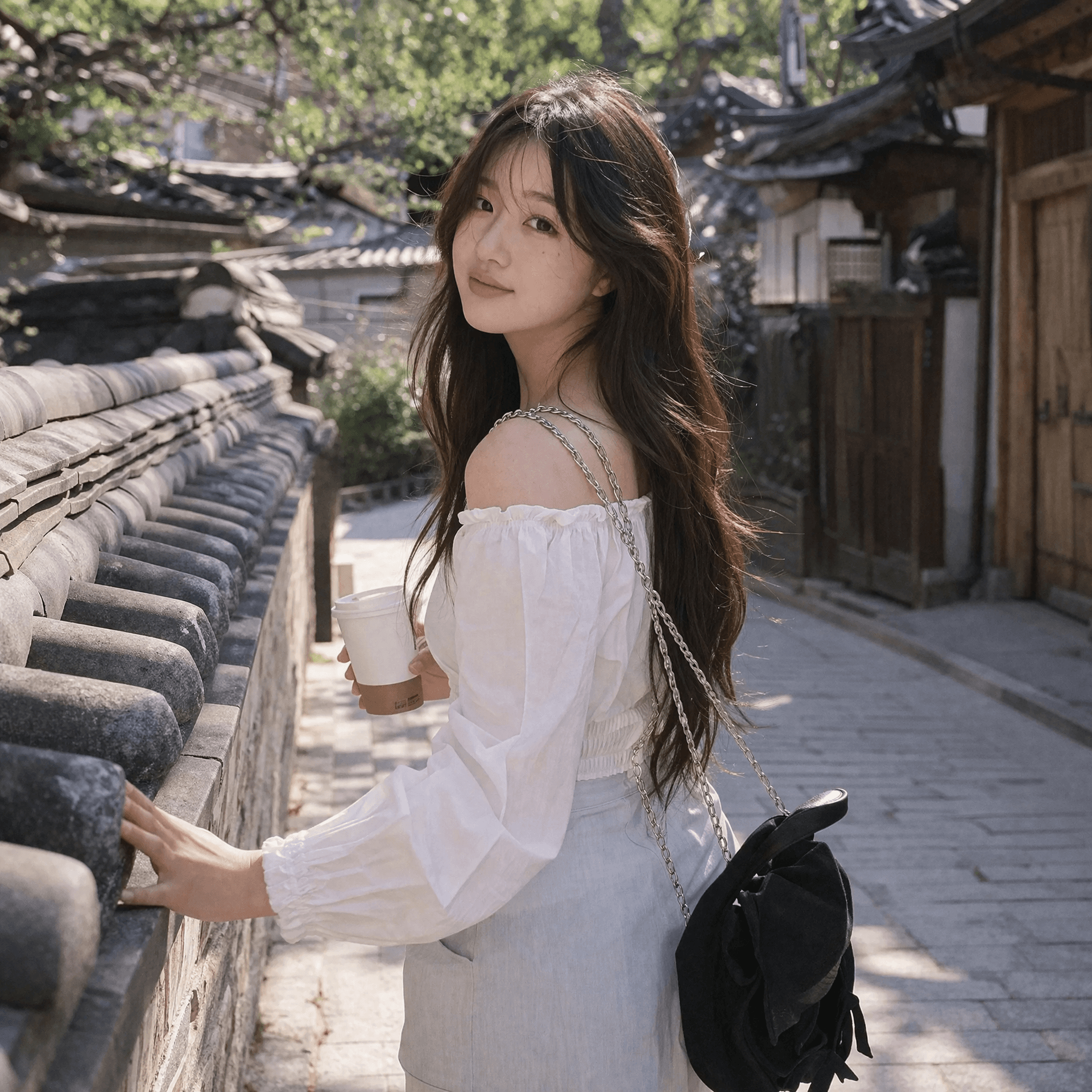 White square-neck blouse in soft daylight — opening image for five Korean spring tops