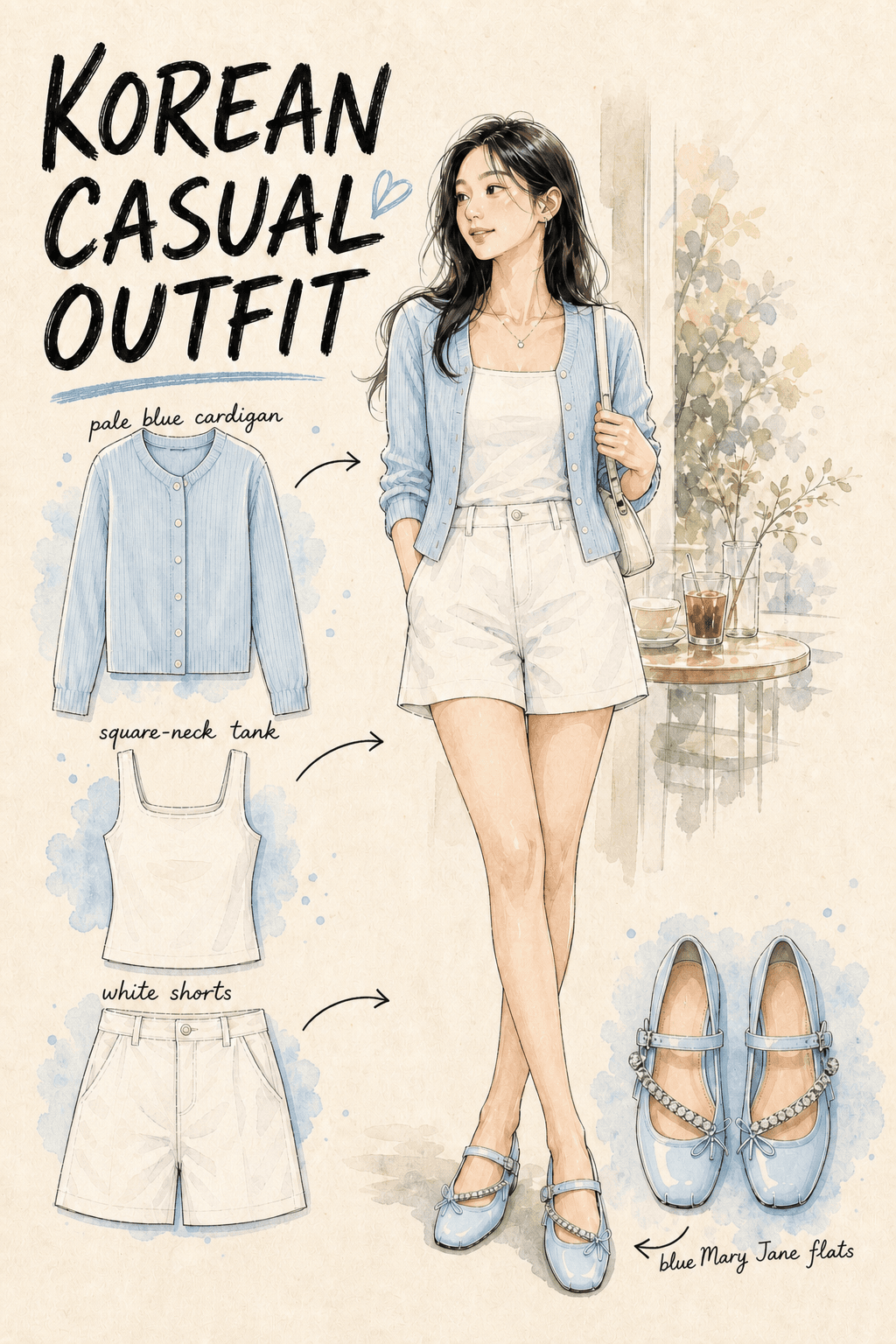 Korea cafe outfit illustration board with a pale blue cardigan, white square-neck top, white shorts, and blue Mary Jane flats