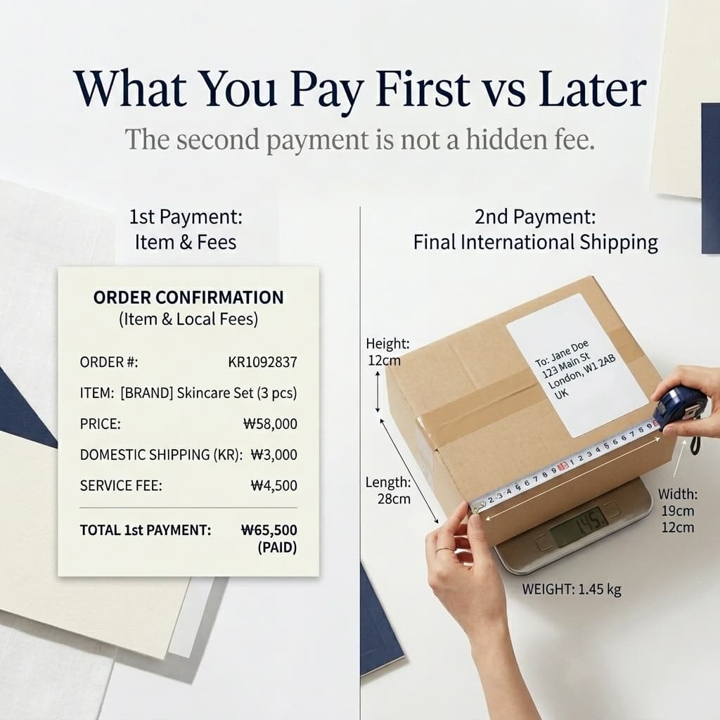 KoreaBox payment model showing the first payment now and the shipping payment later.