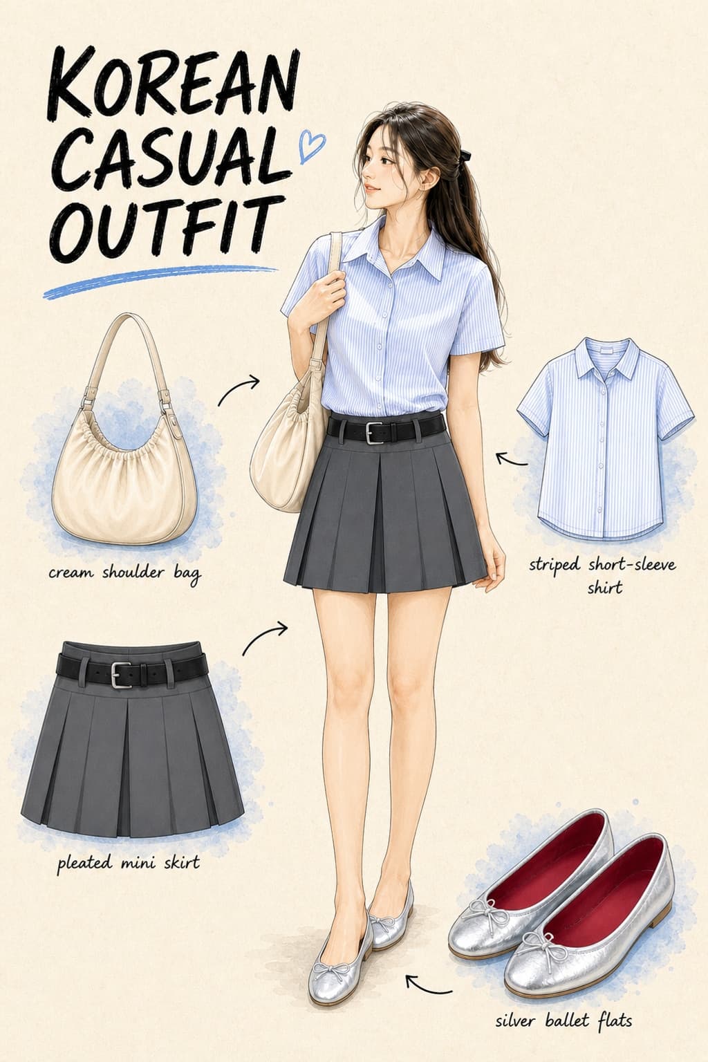 Korean Summer Outfit: Striped Shirt and Pleated Mini Skirt